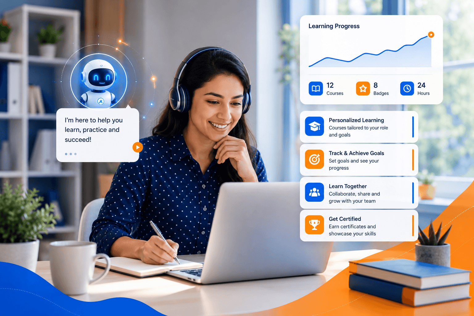 TrainerAid learner view with progress chart and feature highlights